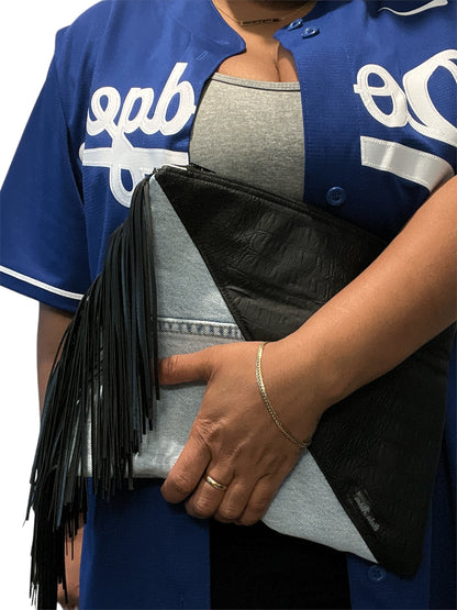 Denim Clutch w Fringe